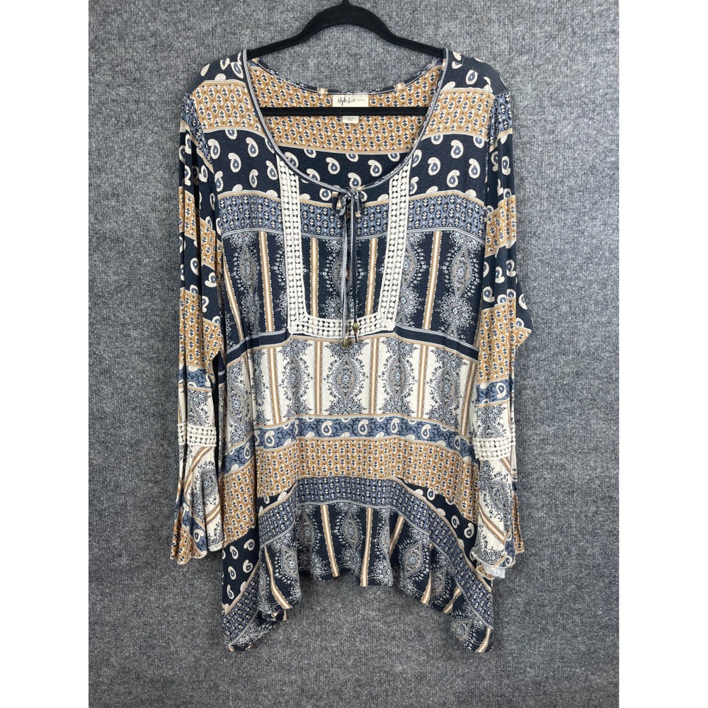 Style & Co Tunic Blouse Women 2X Blue Yellow Paisley Bell Sleeve Lace